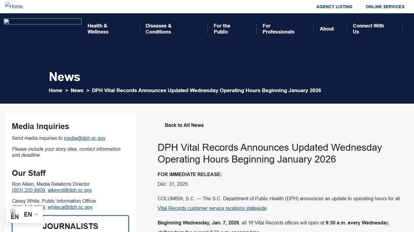 DPH Vital Records Announces Updated Wednesday Operating Hours Beginning January 2026 South Carolina Department of Public Health