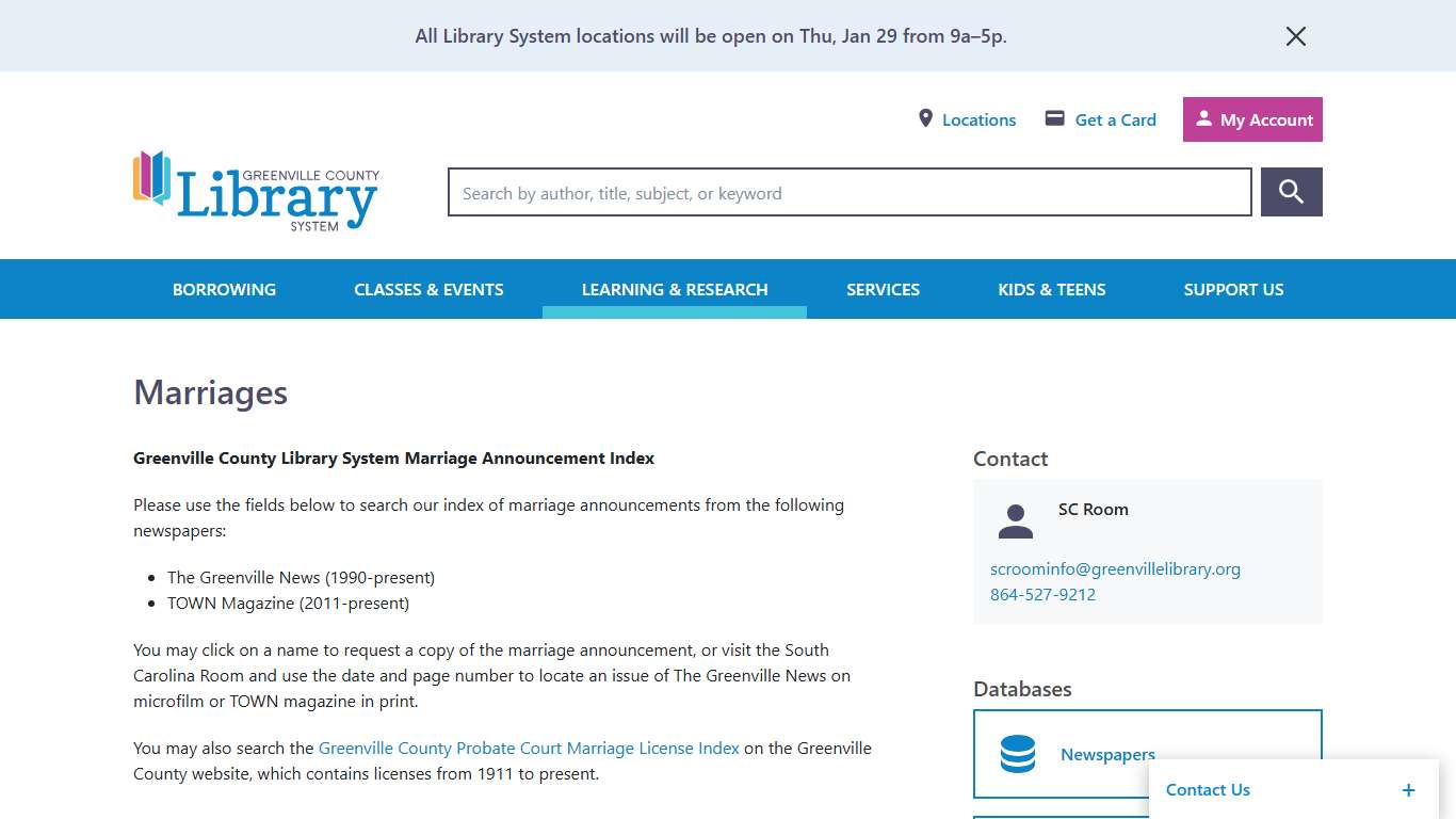 Marriages Greenville (SC) County Library System